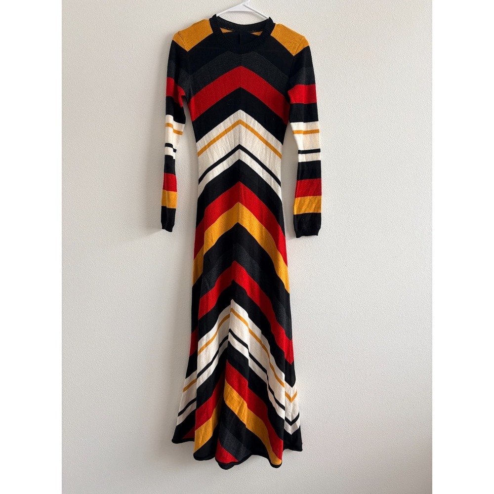 Paoloni Dress Women M Chevron Sweater Maxi Crew Neck Wool Blend Long Sleeve